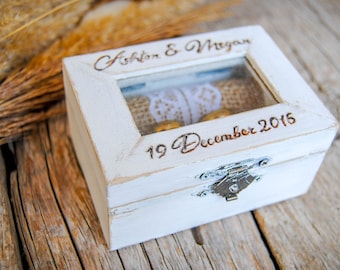 Personalized Rustic Wedding Ring Box Glass Top Romantic White Ring Bearer Vintage Ring Pillow His Hers Engraved Bohemian Boho Beach Wedding