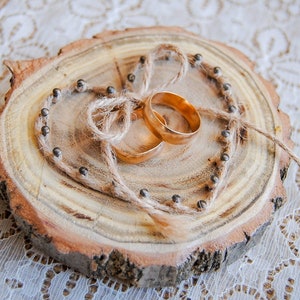 Ring Bearer Pillow Alternative with Ribbon Tie-Down Rustic Log Dish String Heart Personalized Wood Holder Engraved Barn Coutry Wedding Gift
