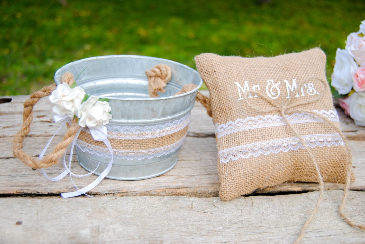 Rustic Flower Girl Basket Barn Country Wedding Shabby Chic Set Etsy