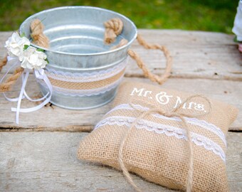 Rustic Flower Girl Basket Barn Country Wedding Shabby Chic Set of Vintage Metal Bucket Paper Flowers & Burlap Lace Pillow Ring Bearer Mr Mrs