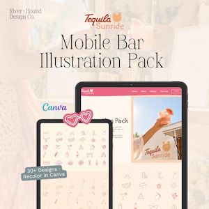 May include: A digital Mobile Bar Illustration Pack by River + Hound Design Co. displayed on two tablets. The pack includes over 30 customizable icons featuring cocktail, western, and party themes in pink and orange tones, editable in Canva.
