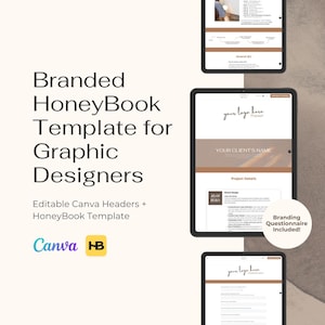 Puede incluir: Una maqueta digital de una plantilla de HoneyBook para diseñadores gráficos. La plantilla está personalizada con un logotipo e incluye un cuestionario de marca. La plantilla está diseñada para ser utilizada con Canva.
