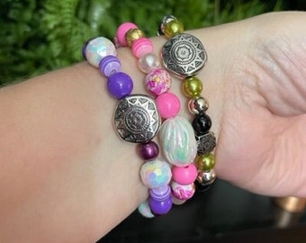 3 MEDIUM 7" Handmade Beaded Bracelets in Pink, Purple, Green and Silver with Unique Focal Beads