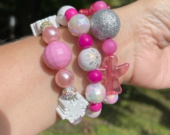 3 MEDIUM 7" Christmas Bracelets in Pink and White with Unique Focal Beads Angels, Snowflakes
