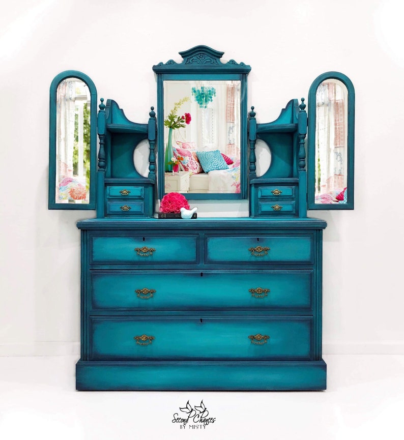 Vintage Dresser With Tri Fold Mirrors Hand Painted Turquiose Etsy