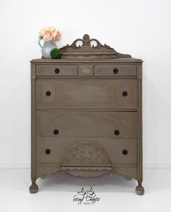 Vintage dresser chest hand painted coco with dark wax. Modern farmhouse style bedroom