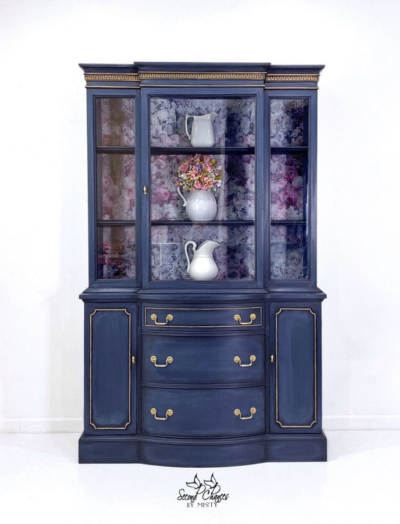 Vintage China Cabinet Painted Navy Hutch Duncan Phyfe Etsy