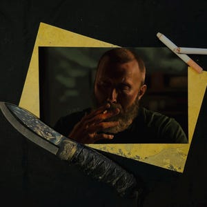 May include: A digital art piece featuring a man smoking a cigarette, with a large knife in the foreground. The knife has a detailed, patterned blade and a wrapped handle. The man is framed by a yellow geometric shape, and two cigarettes are placed on the right.