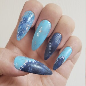Unas De Aguja Larga Pintadas A Mano Unas De Leopardo Azul Etsy