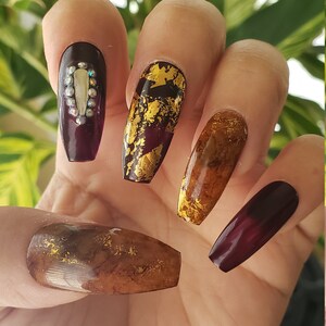Hand Painted Coffin Nails Black Gold Marble Nails Fake Etsy
