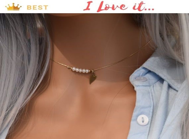Minimalist Gemstones Necklace Freshwater Pearl Necklace Heart Charm Necklace Pearl Gold Necklace Dainty Gemstones Necklace Tiny Jewelry