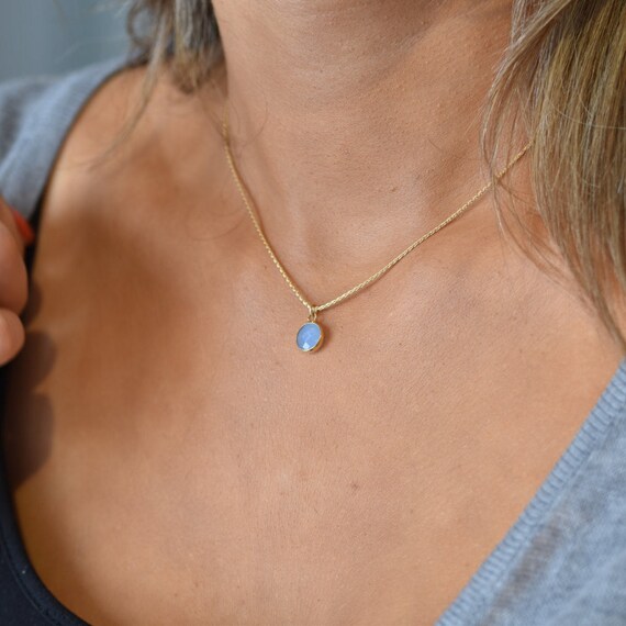 Gold Filled Necklace Dainty Round Blue Azure Glass Gemstone