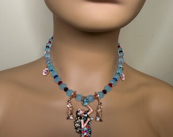 Brunette haired mermaid pendant statement necklace 16 inches blue / Mermaid statement necklace/ mermaid jewelry