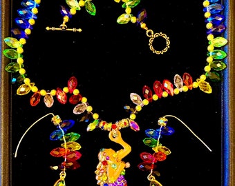Blonde haired mermaid necklace ,rainbow mermaid jewelry set , rainbow Swarovski crystal mermaid pendant necklace 18”, rainbow mermaid neckla