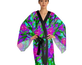 Artwork pink floral with purple, green and turquoise Long Sleeve Kimono Robe