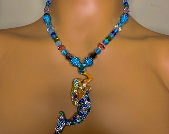 Blue and purple mermaid necklace. Blonde haired mermaid necklace , Swarovski crystal mermaid necklace 16 & 1/2 ”, mermaid statement necklace