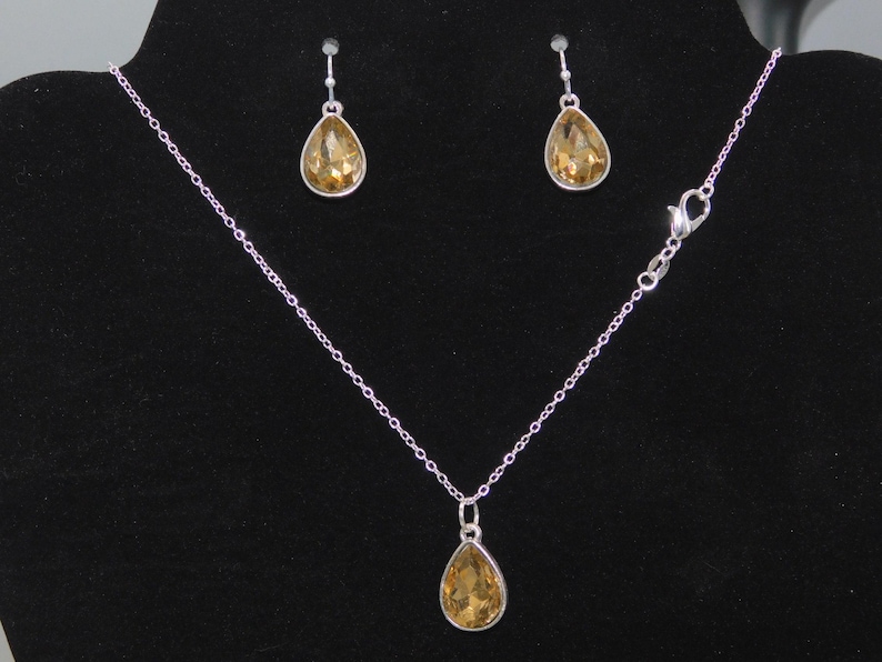 Teardrop Shaped Silver Pendants Smokey Quartz rhinestone Necklace detail with Matching Earrings image 1