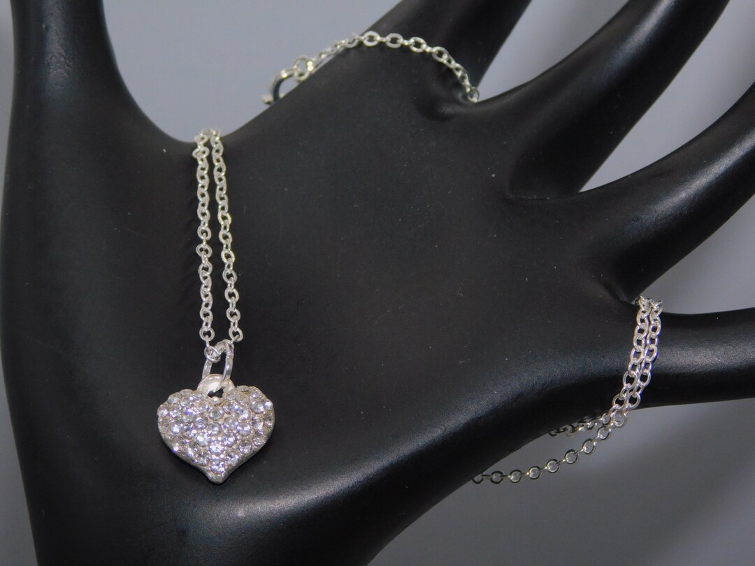 Silver Rhinestone Heart Silver Heart Charm Rhinestone Pendant Necklace - Etsy