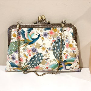 Japanese peacock floral fabric handmade purse clutches shoulder bag kiss lock bag