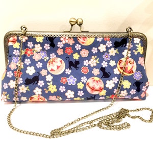 Padded Blue Kitten Japanese Pattern Cluches Handbag Framed Bag Evening Bag Shoulder Bag