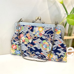 Japanese Crane floral fabric handmade purse clutches shoulder bag kiss lock bag