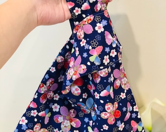 Handmade Blue Butterfly Floral Pattern Japanese Knot Bag Hand Bag Sling Bag Wrist Bag Small Knot Bag