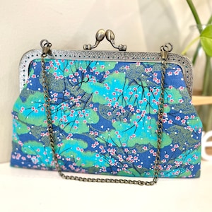 Japanese Green Sakura floral fabric handmade purse clutches shoulder bag kiss lock bag (1 Bag)