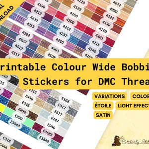 PDF Printable coloured long bobbin stickers for cross stitch or embroidery thread organisation - Variations, Coloris, Etolie, LE, & Satin