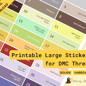 Könnte beinhalten: Druckbare DMC-Garnfarben-Chart-Aufkleber mit den Nummern 2-31 und Farbnamen. Die Karte enthält Farben wie Apfelgrün, Hellalizarin, Ultrahelllavendel und Mittelhell-Aubergine. Die Karte ist mit "Druckbare große Aufkleber für DMC-Garn" und "Uni" und "Gemustert" beschriftet.