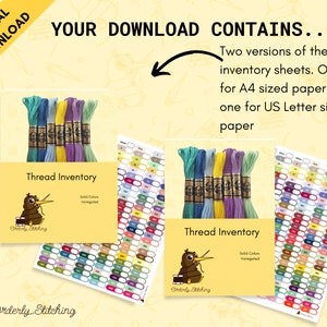 Pu&ograve; includere: Due fogli di inventario del filo stampabili, uno per carta A4 e uno per carta US Letter. I fogli presentano un'illustrazione colorata di un kiwi che tiene un ago e filo. Il testo "Thread Inventory" &egrave; visualizzato su ogni foglio.