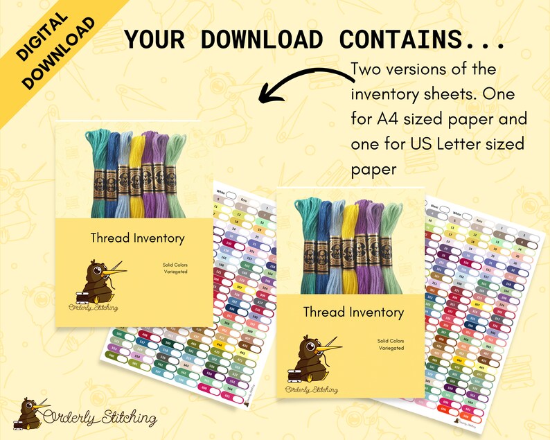 Pu&ograve; includere: Due fogli di inventario del filo stampabili, uno per carta A4 e uno per carta US Letter. I fogli presentano un'illustrazione colorata di un kiwi che tiene un ago e filo. Il testo "Thread Inventory" &egrave; visualizzato su ogni foglio.
