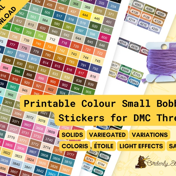 PDF Printable coloured bobbin stickers or labels for cross stitch, embroidery, or diamond painting thread organisation