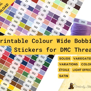 PDF Printable coloured long bobbin stickers or labels for cross stitch, embroidery, or diamond painting thread organisation - Full Set