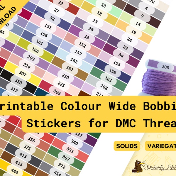 PDF Printable coloured long bobbin stickers or labels for cross stitch, embroidery, or diamond painting thread organisation - Solids