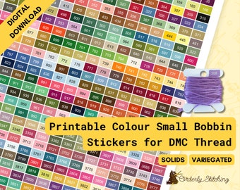 PDF Printable coloured bobbin stickers or labels for cross stitch, embroidery, or diamond painting thread organisation