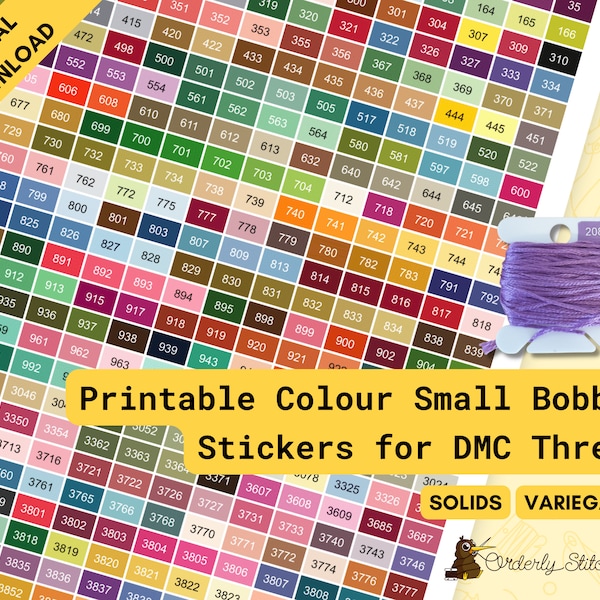 PDF Printable coloured bobbin stickers or labels for cross stitch, embroidery, or diamond painting thread organisation