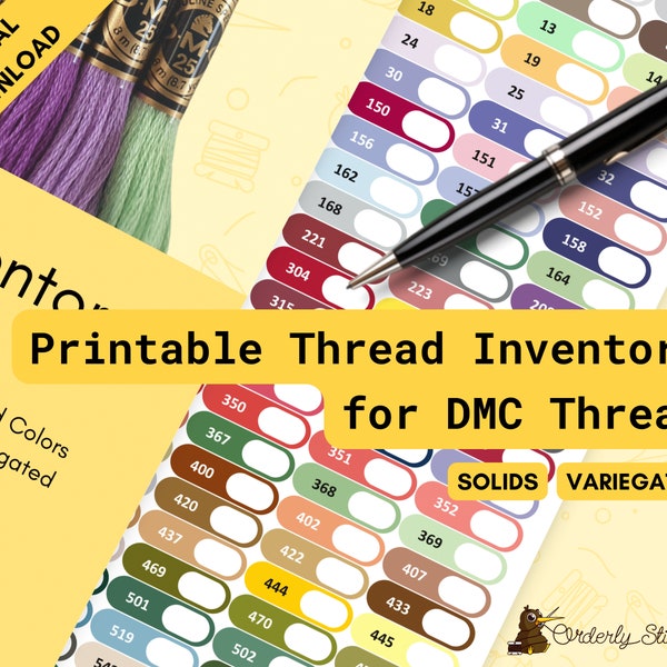 PDF Printable coloured thread inventory sheets for cross stitch, embroidery, or diamond painting organisation