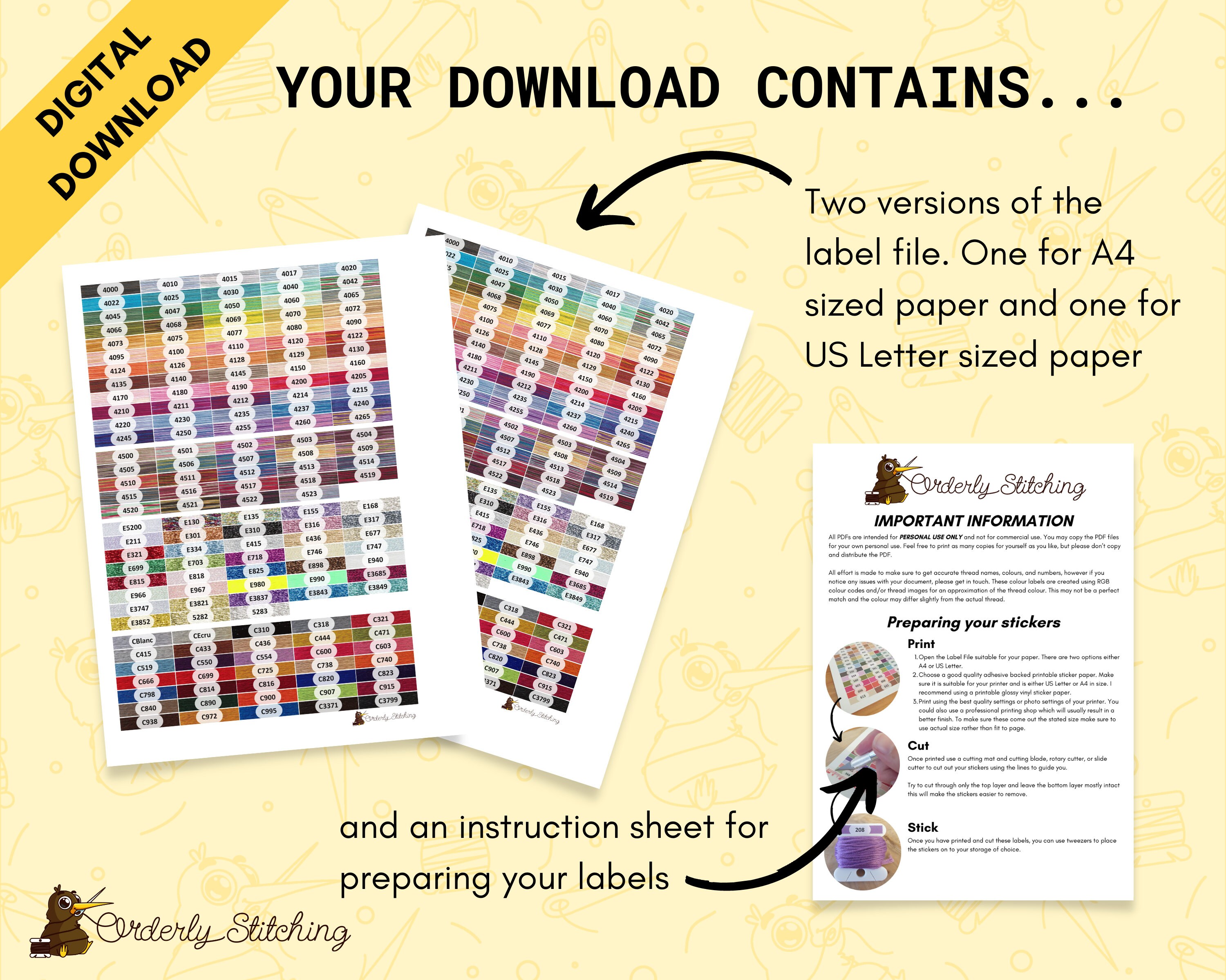 PDF Printable Coloured Long Bobbin Stickers for Cross Stitch or ...