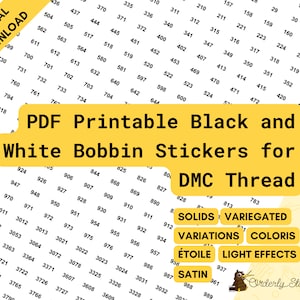 Op de afbeelding: Een digitale download van PDF-afdrukbare zwarte en witte klosstickers voor DMC-garen. Het ontwerp bevat een raster van nummers en kleurnamen, met opties voor effen, gemêleerd, variaties, coloris, étoile, lichteffecten en satijn.