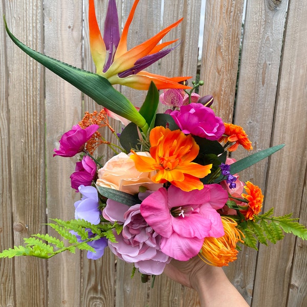 Sunset Vibrant Silk Floral Wedding Bouquet / Unique Sunset colored bouquet / Violet and Orange Bouquet / Purple and Orange Wedding / Unique