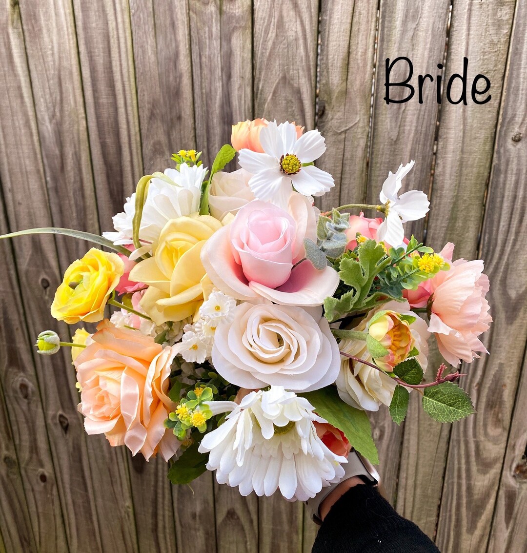 Fuzzy Peach Silk Floral Wedding Bouquet / Peach & Blush Pink Bouquet
