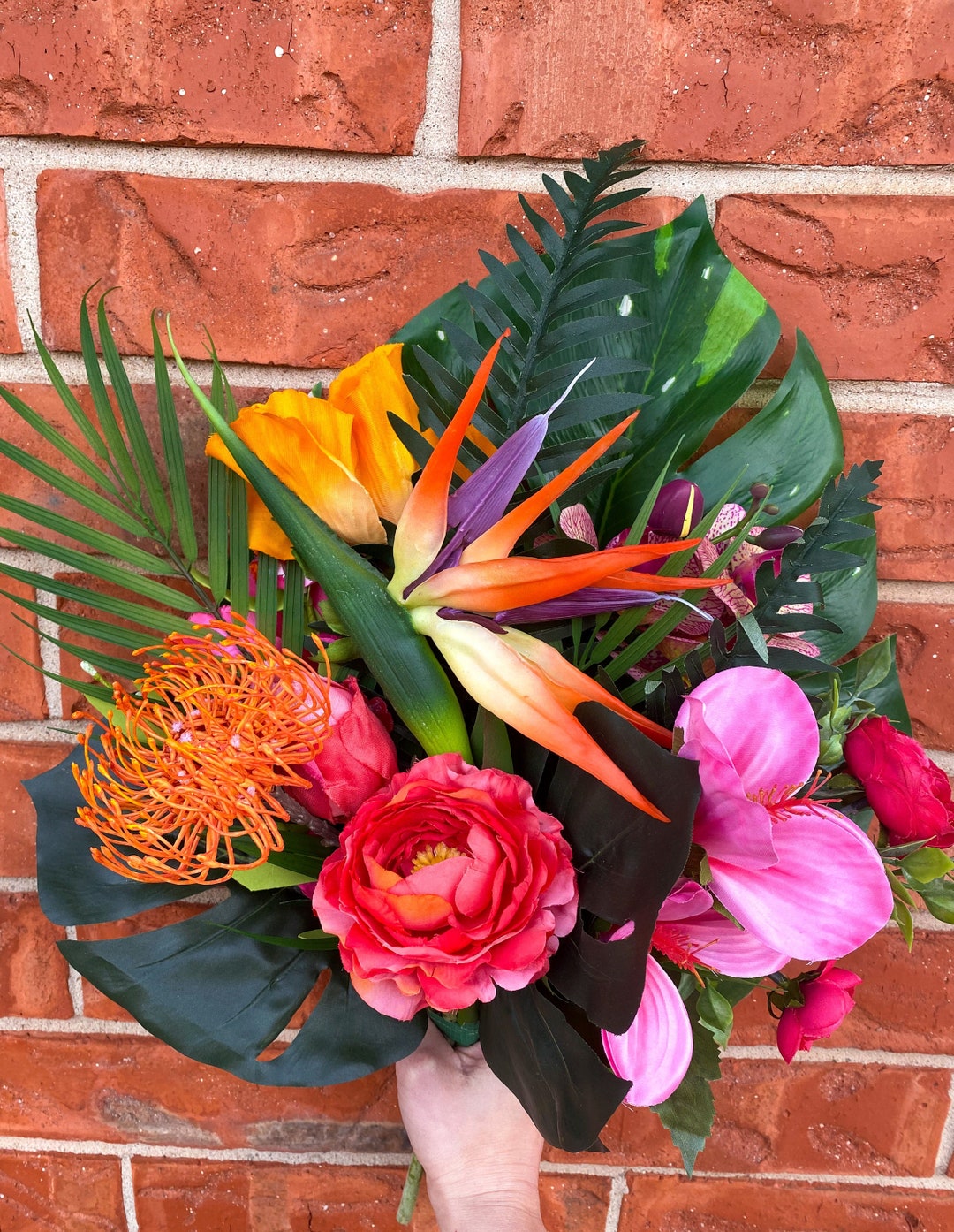 Pink Tropical Silk Wedding Bouquet With Bird of Paradise and Protea