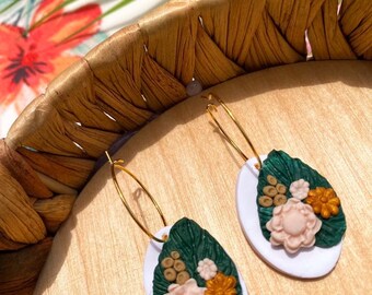 Tan and Cream Boho Floral Arrangement Earrings / Floral Polymer Clay Earrings / Unique statement earrings