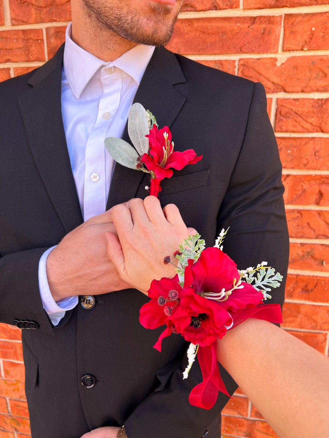 Winter Formal Red Lily Corsage and Boutonniere Set / Artificial Winter