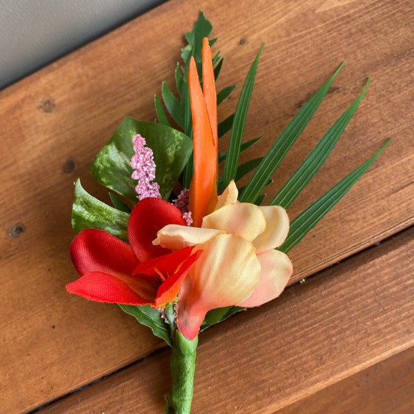 Bird of Paradise Red Tropical  Silk Floral Boutonniere / faux tropical boutonniere