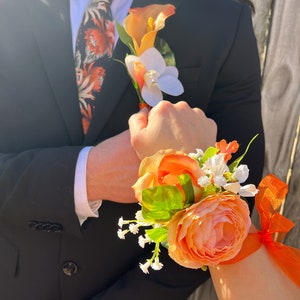 Vibrant Orange Prom Corsage and Boutonniere Set / Orange and White Orchid Silk Floral Corsage and Boutonniere Set / Orange Homecoming