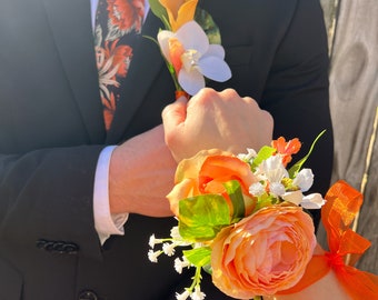 Vibrant Orange Prom Corsage and Boutonniere Set / Orange and White Orchid Silk Floral Corsage and Boutonniere Set / Orange Homecoming