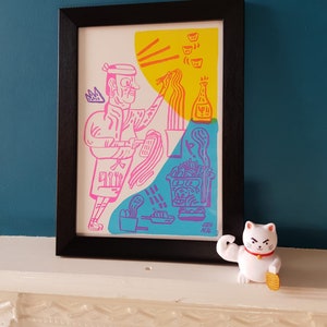 May include: A framed illustration of a person making noodles with a yellow, pink, blue, and purple colour scheme. The illustration is titled "Josh Meal".
