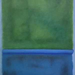 Hand Painted Green and Brown on Blue Abstract Color Field Painting On Canvas