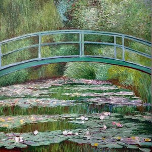 Hand Painted Claude Monet Bridge Over A Pond of Waterlilies